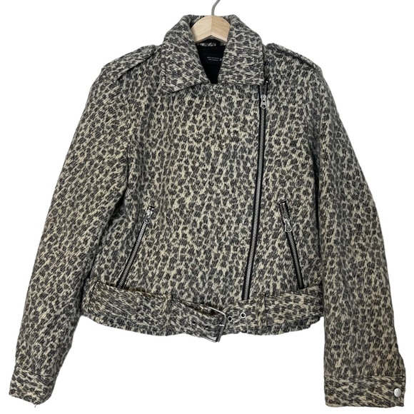 Zara Womens Wool Animal Print Asymmetrical Zip Belted Cropped Moto Jacket Size S - Picture 5 of 14